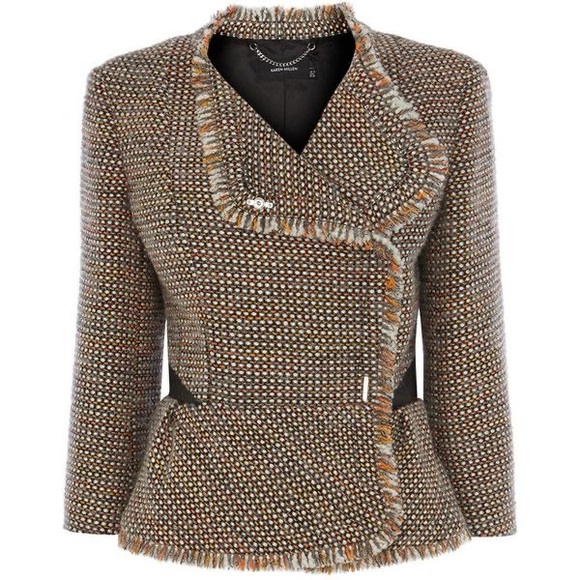 Karen Millen Jackets & Blazers - Karen Millen Brown Multi-Tone Tweed Peplum Blazer with Fringed Trim